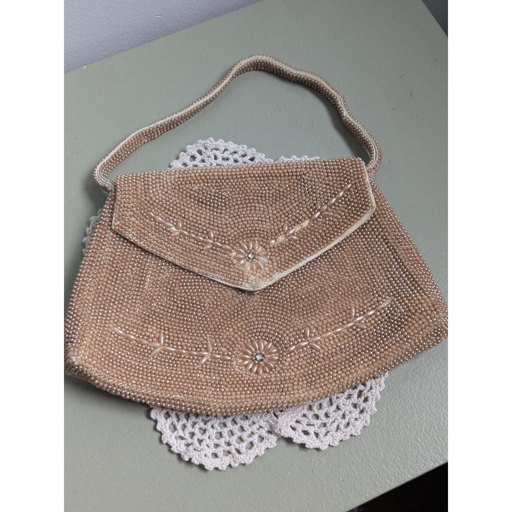 Vintage Beaded Evening Purse Champagne Seed Bead Floral Handbag 1950s Bridal